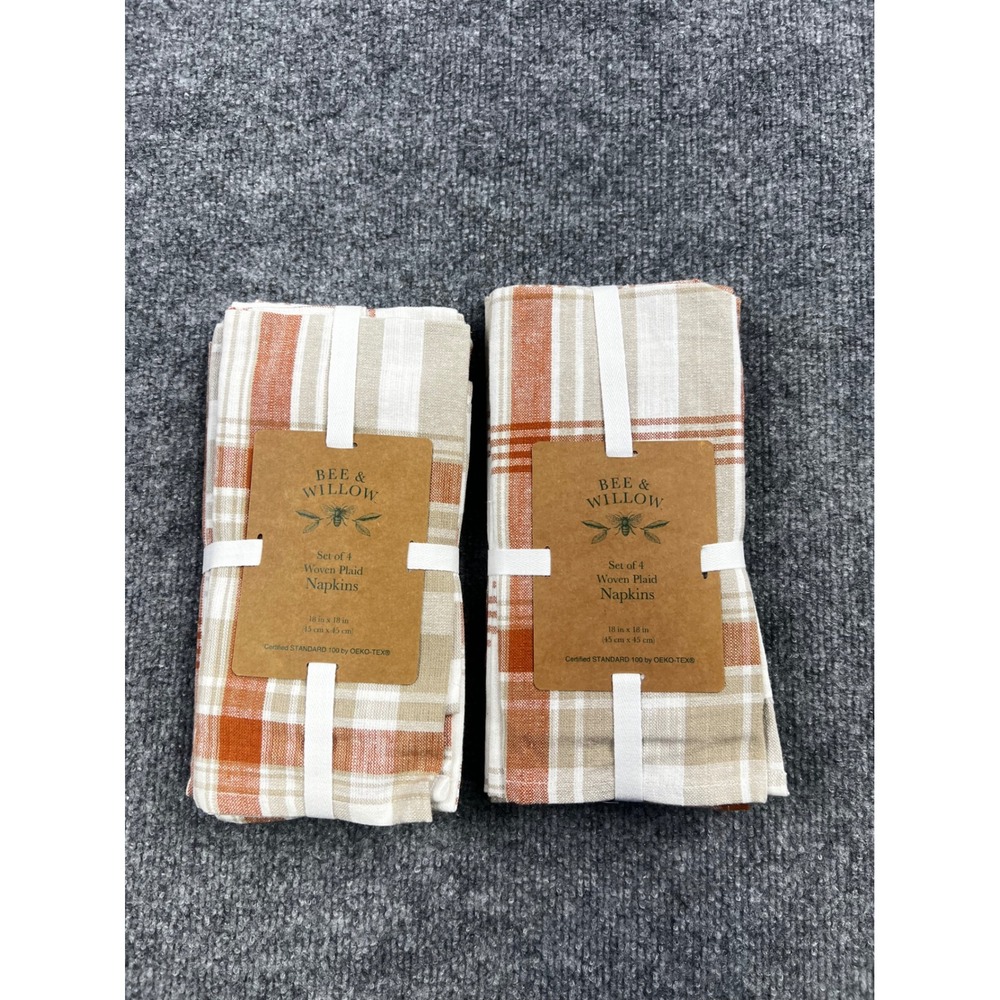 Bee & Willow Woven Plaid Napkins Set of 8 Pecan Multi Orange Tan 18x18 Cotton
